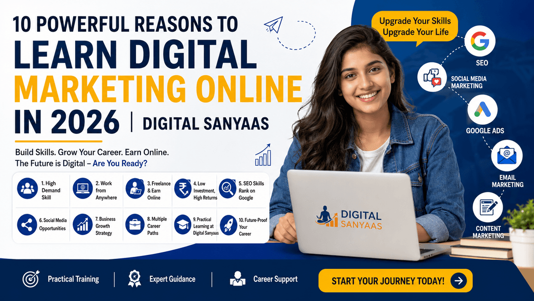 Digital marketing online training banner by Digital Sanyaas featuring SEO, social media marketing, Google Ads, email marketing, and freelancing skills in 2026.