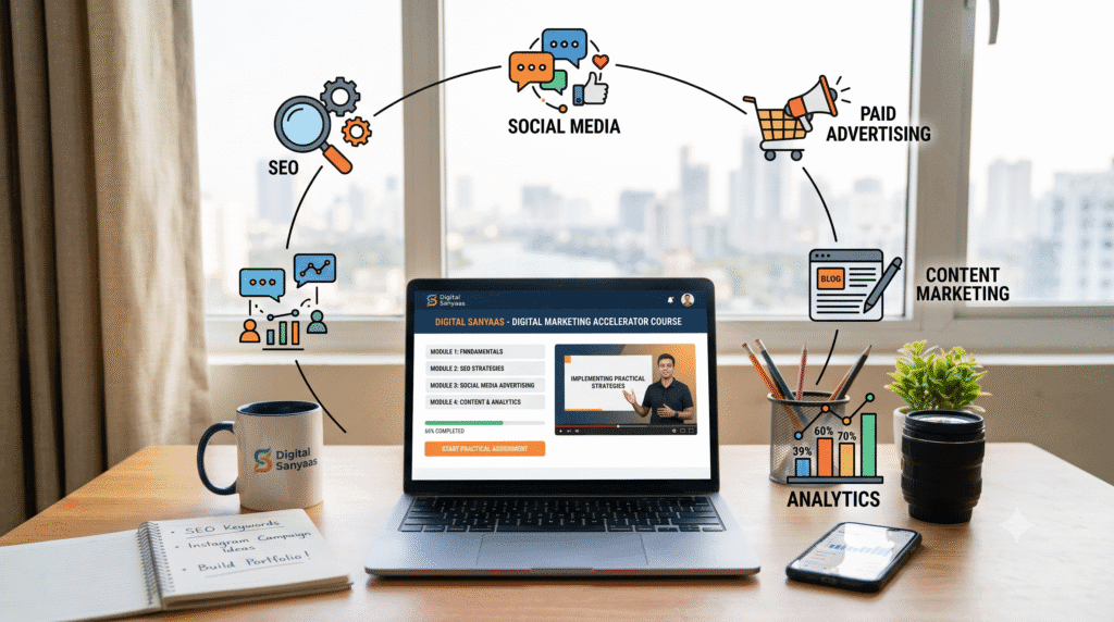 Digital marketing course online with SEO, social media, paid advertising, content marketing and analytics